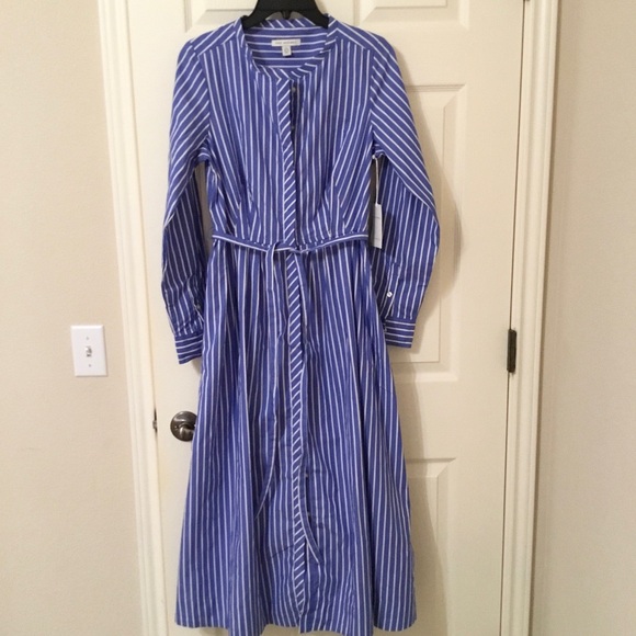 Free Assembly Dresses & Skirts - Free Assembly Pleated Cotton Midi Shirtdress Long Sleeves Blue Stripe Waist Tie